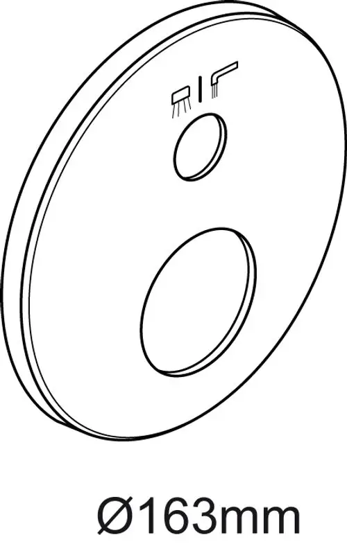 Runde Rosette von Ideal Standard mit zwei Öffnungen, dargestellt in einer technischen Zeichnung. Ø 163 mm.